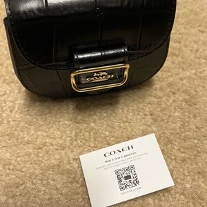 NWT Coach CN379 Croc Leather Morgan Card Case Coin Purse Chain Strap Black/Gold